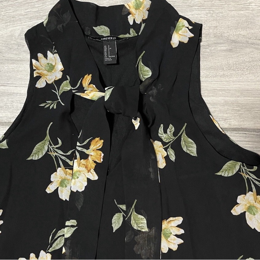 NWOT FOREVER 21 Floral Sleeveless Lined Black Dress w/Tie Neck, Flowy Skirt - Picture 8 of 11